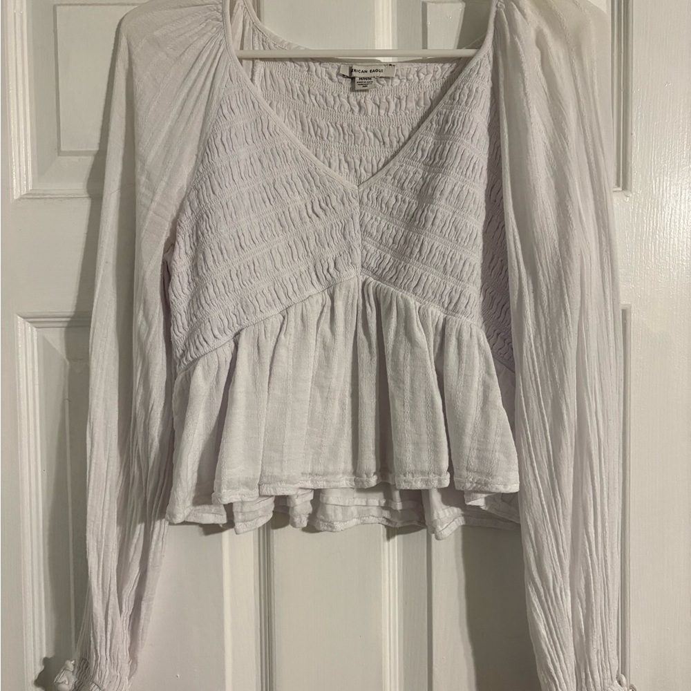Aerie White Smocked Peplum Blouse